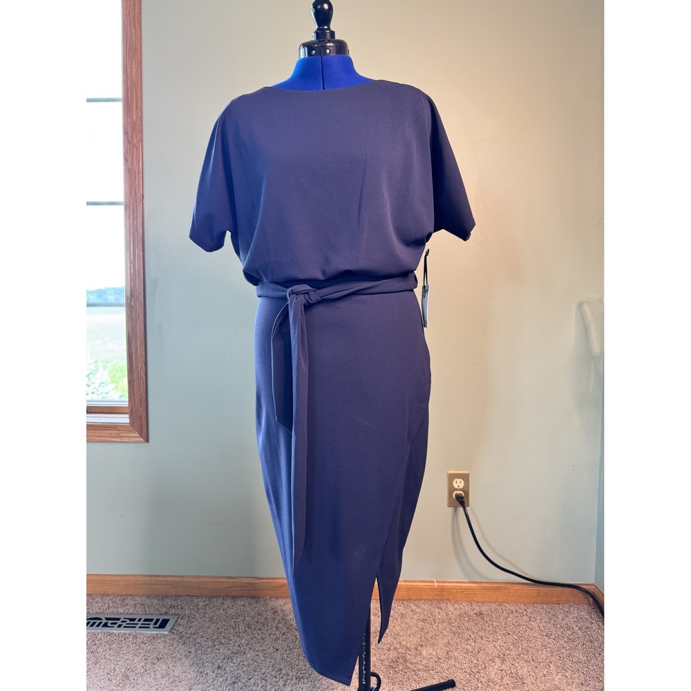Kensie Navy Blue Short Sleeve Belted Tulip Hem Sheath Dress KDLP0971 Size 10 NWT